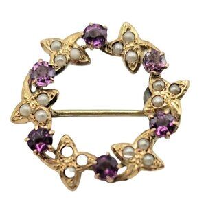 10k Leaf Purple Rhinestone White Seed Pearl Wreath Pin